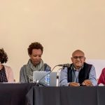 Public Panel featuring, from left to right, Rosi Braidotti, Netsanet Gebremichael and Dr. Serawit B. Debele, Premesh Lalu, Ranjana Khanna, and Elizabeth Giorgis (Photo by Guillaume Ratel)